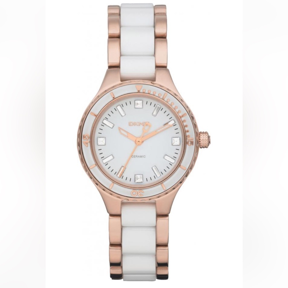 DKNY Ceramic White & Rose Gold Dial Women's Watch.